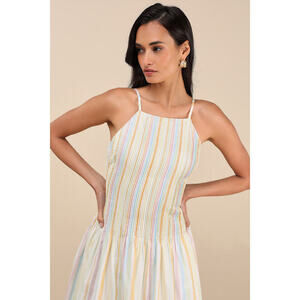 Lulus Jalessa Light Yellow Multi Striped Drop Waist Midi Dress - Size S